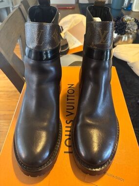 Louis Vuitton Dark Brown Leather Ankle Boots with Monogram Cuff